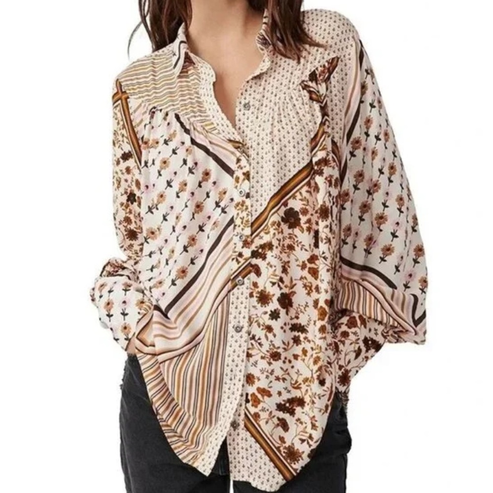 Free People Mixed Floral and Stripe Button-Down Shirt in Cream and Brown - Picture 3 of 8
